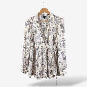 Torrid Satin Floral Stripe Faux Wrap Blouse Size 1X 14/16 White Blue Gray Casual